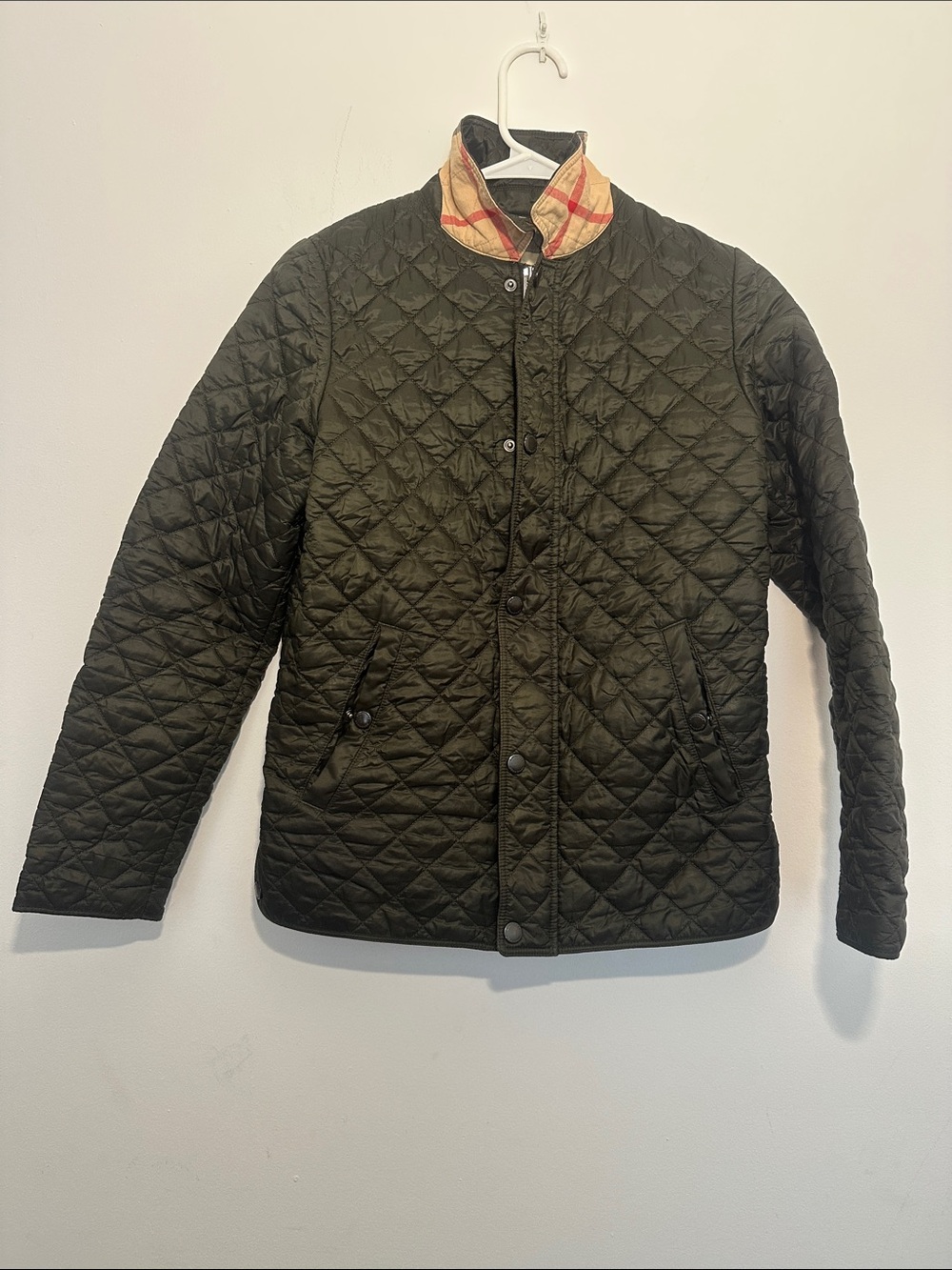 Kids Quilted Burberry Jacket with Plaid Collar Dark Olive Green-Sz 14Y